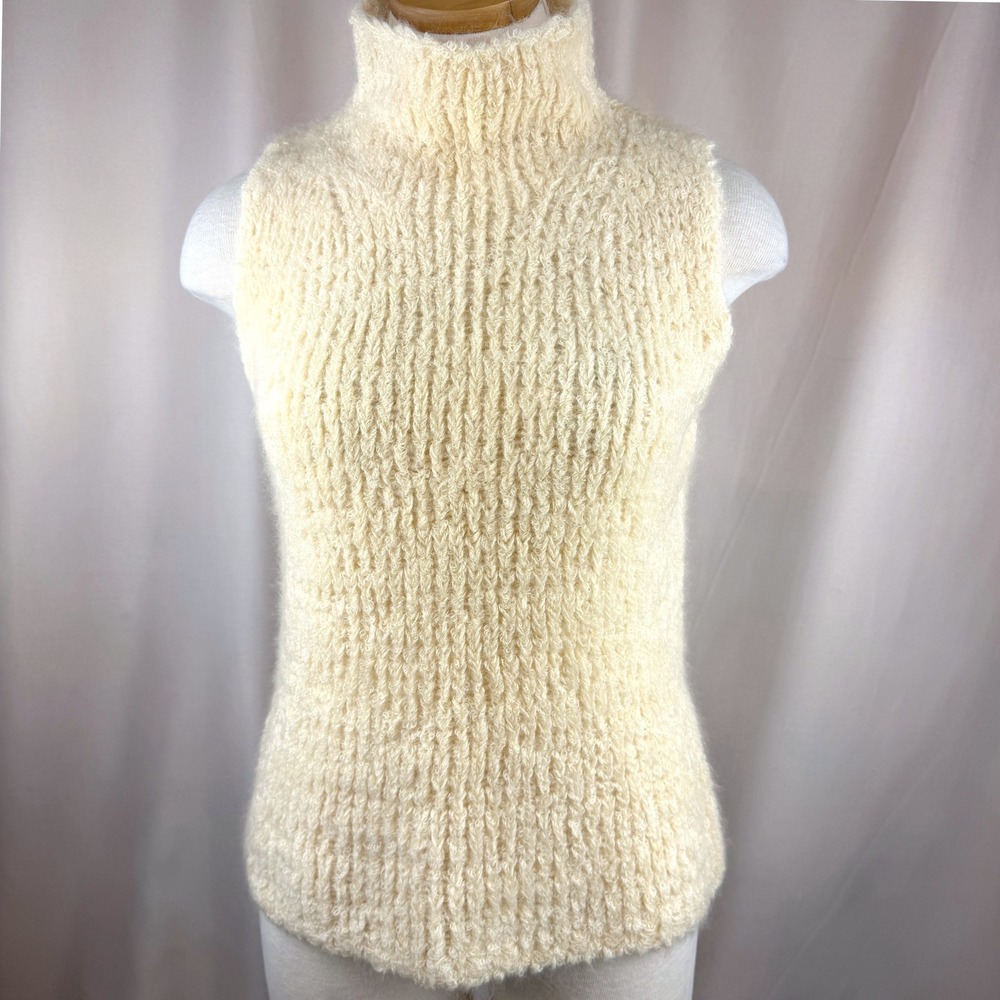 Vintage Y2K HALOGEN Womens Sweater Vest|L|Mohair Mock Neck Ribbed Fuzzy Cream